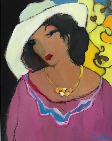 Itzchak Tarkay Portraiture Women in a White Hat 1990 IT312